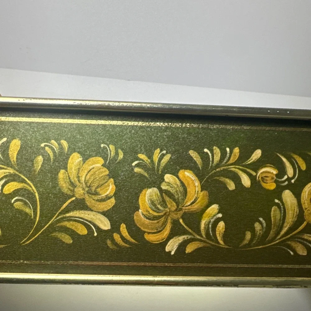 Pyrex Loaf Pan 213 with Floral Metal Cradle Green Gold Vintage Glass Good 1.5QT